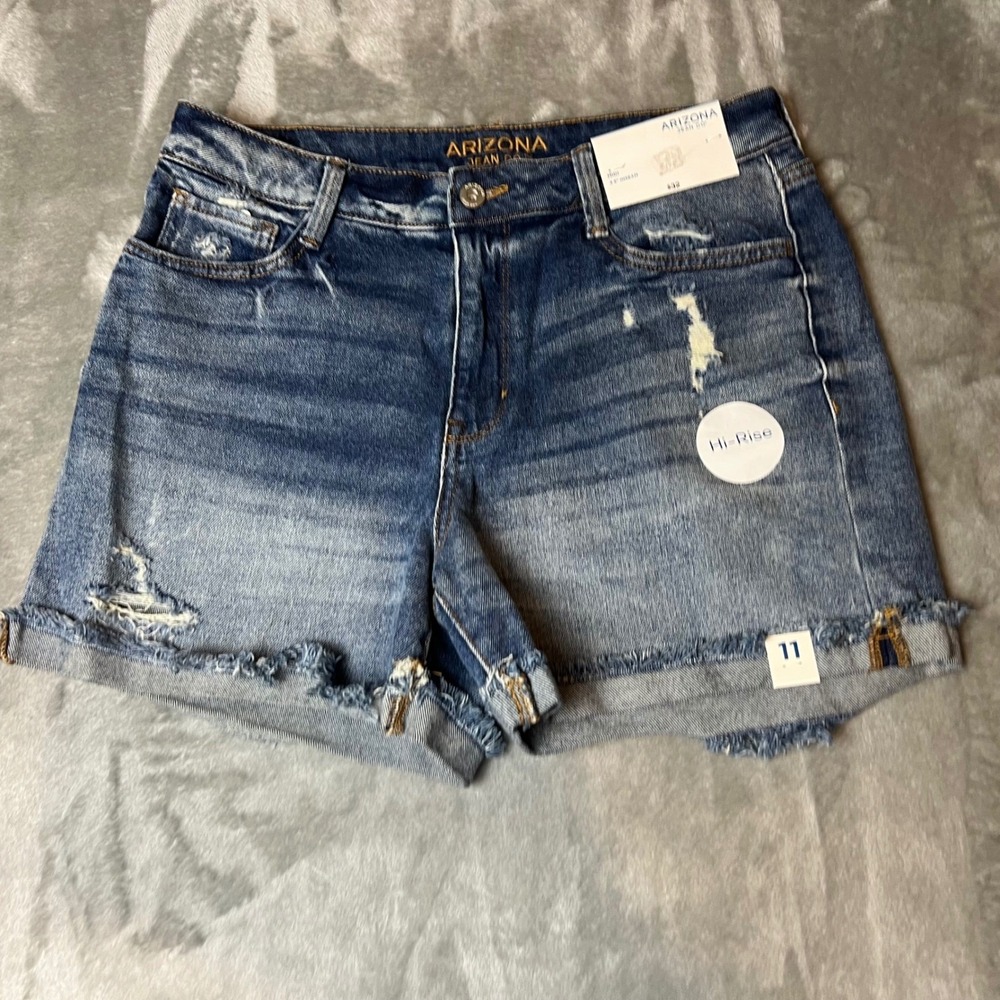 Arizona Jean Co Hi Rise Distressed Denim Shorts Midi 4.5 Inseam Size 11